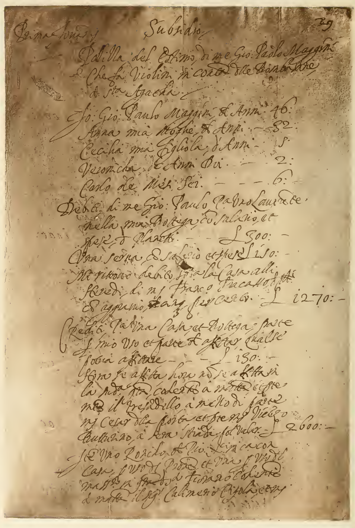 Reproduction of a handwritten page from Giovanni Paolo Maggini's tax declaration, published in an 1894 study of the maker.