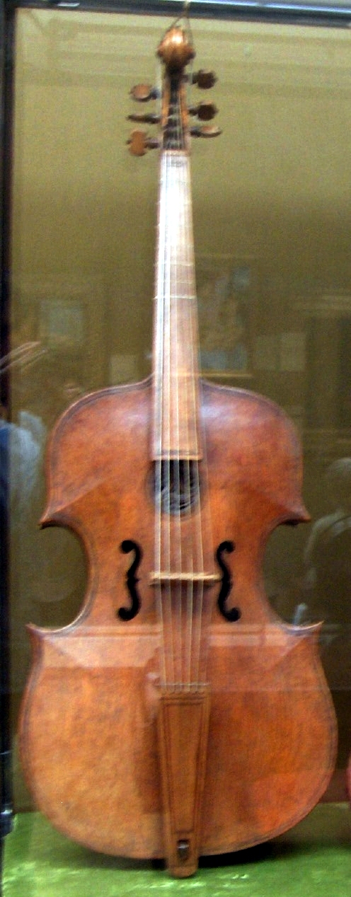 Full-length photograph of a late-sixteenth-century bass viol by Gasparo da Salò at the Ashmolean Museum, illustrating the large bowed instruments that are central to his Brescian legacy.