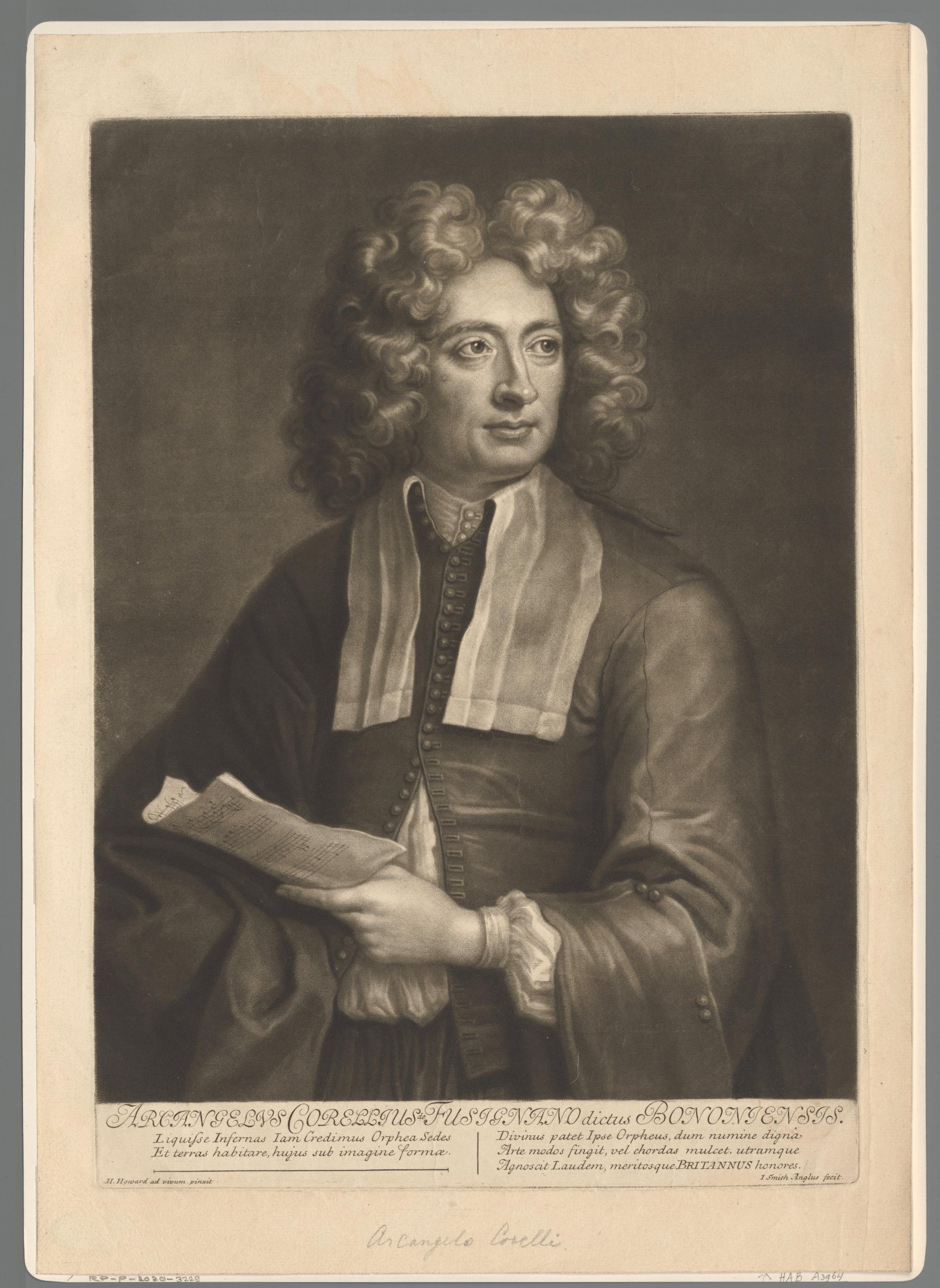 Portrait print of Arcangelo Corelli, shown from the chest up and facing slightly to the viewer’s left.